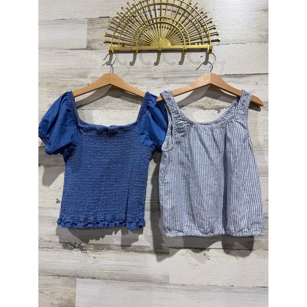 Abercrombie Zara Shirt Bundle Girls 10-12 Blue Striped Smocked Coastal EUC